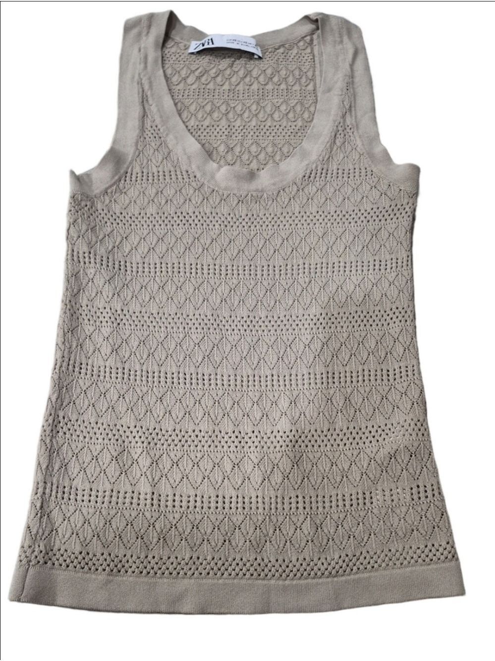 ZARA Beige Openwork Pointelle Knit Tank Top Crochet Mesh Scoop Neck Size XS